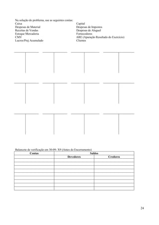 24
Na solução do problema, use as seguintes contas:
Caixa Capital
Despesas de Material Despesas de Impostos
Receitas de Vendas Despesas de Aluguel
Estoque Mercadoria Fornecedores
CMV ARE (Apuração Resultado do Exercício)
Lucros/Prej Acumulado Clientes
Balancete de verificação em 30-09- X9 (Antes do Encerramento)
Contas Saldos
Devedores Credores
 