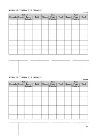 35
FICHA DE CONTROLE DE ESTOQUE
UEPS
Entrada Saída Saldo
Operação Quant. Preço
Unitário
Total Quant. Preço
Unitário
Total Quant. Preço
Unitário
Total
FICHA DE CONTROLE DE ESTOQUE
MPM
Entrada Saída Saldo
Operação Quant. Preço
Unitário
Total Quant. Preço
Unitário
Total Quant. Preço
Unitário
Total
 
