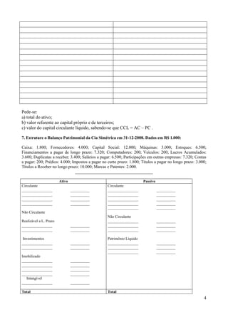 4
Pede-se:
a) total do ativo;
b) valor referente ao capital próprio e de terceiros;
c) valor do capital circulante líquido, sabendo-se que CCL = AC – PC .
7. Estruture o Balanço Patrimonial da Cia Simétrica em 31-12-2008. Dados em R$ 1.000:
Caixa: 1.800; Fornecedores: 4.000; Capital Social: 12.000; Máquinas: 3.000; Estoques: 6.500;
Financiamentos a pagar de longo prazo: 7.320; Computadores: 200; Veículos: 200; Lucros Acumulados:
3.600; Duplicatas a receber: 3.400; Salários a pagar: 6.500; Participações em outras empresas: 7.320; Contas
a pagar: 200; Prédios: 4.000; Impostos a pagar no curto prazo: 1.800; Títulos a pagar no longo prazo: 3.000;
Títulos a Receber no longo prazo: 10.000; Marcas e Patentes: 2.000.
_____________________________________
Ativo Passivo
Circulante
________________ __________
________________ __________
________________ __________
________________ __________
Não Circulante
Realizável a L. Prazo
________________ __________
________________ __________
Investimentos
________________ __________
________________ __________
Imobilizado
________________ __________
________________ __________
________________ __________
________________ __________
Intangível
________________ __________
Circulante
________________ __________
________________ __________
________________ __________
________________ __________
________________ __________
Não Circulante
________________ __________
________________ __________
________________ __________
Patrimônio Líquido
________________ __________
________________ __________
________________ __________
Total Total
 