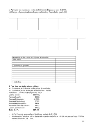 44
a) Apresente nos razonetes a contas do Patrimônio Líquido no anos de 2.008.
b ) Elabore a Demonstração dos Lucros ou Prejuízos Acumulados para 2.008.
Demonstração dos Lucros ou Prejuízos Acumulados
Saldo inicial
= Saldo inicial ajustado
= Saldo final
9. Com base nos dados abaixo, elabore:
a) Demonstração de Lucros ou Prejuízos Acumulados;
b) Demonstração das Mutações do Patrimônio Líquido
Patrimônio Líquido Cia Exemplo em 20X7.
Capital Social : $13.800;
Reserva Legal : $300;
Reserva Estatutária: $1.000;
Reserva Contingência $500;
Reserva Orçamentária : $400;
Reserva Lucros à Realizar : $600;
Lucros Acumulados : $800;
Total do PL : $17.400
- A Cia Exemplo teve um lucro líquido no período de $ 2.500;
- Aumento de Capital no início do exercício com transferência $ 1.200, de reserva legal ($200) e
reserva estatutária $ $ 1.000;
 