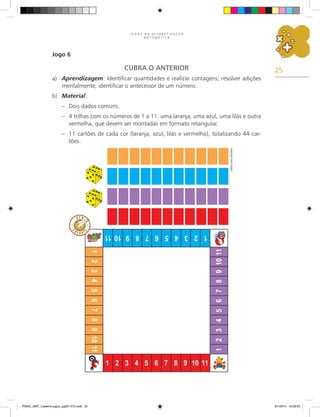25
J O G O S N A A L F A B E T I Z A Ç Ã O
M A T E M Á T I C A
Jogo 6
CUBRA O ANTERIOR
a)	 Aprendizagem: Identificar quantidades e realizar contagens; resolver adições
mentalmente; identificar o antecessor de um número.
b)	 Material:
–	 Dois dados comuns.
–	 4 trilhas com os números de 1 a 11: uma laranja, uma azul, uma lilás e outra
vermelha, que devem ser montadas em formato retangular.
–	 11 cartões de cada cor (laranja, azul, lilás e vermelho), totalizando 44 car-
tões.
Carlos
Cesar
Salvadori
PNAIC_MAT_Caderno jogos_pg001-072.indd 25 9/1/2014 16:26:00
 