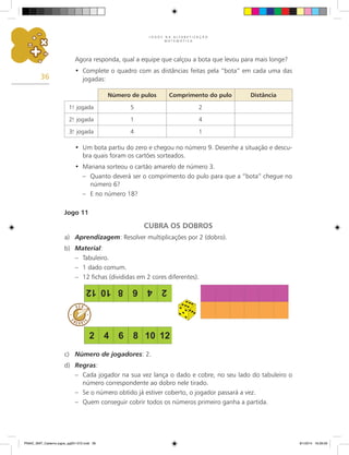 J O G O S N A A L F A B E T I Z A Ç Ã O
M A T E M Á T I C A
36
Agora responda, qual a equipe que calçou a bota que levou para mais longe?
Complete o quadro com as distâncias feitas pela “bota” em cada uma das
•	
jogadas:
Número de pulos Comprimento do pulo Distância
1.
a
jogada 5 2
2.
a
jogada 1 4
3.
a
jogada 4 1
Um bota partiu do zero e chegou no número 9. Desenhe a situação e descu-
•	
bra quais foram os cartões sorteados.
Mariana sorteou o cartão amarelo de número 3.
•	
–	 Quanto deverá ser o comprimento do pulo para que a “bota” chegue no
número 6?
–	 E no número 18?
Jogo 11
CUBRA OS DOBROS
a)	 Aprendizagem: Resolver multiplicações por 2 (dobro).
b)	 Material:
–	 Tabuleiro.
–	 1 dado comum.
–	 12 fichas (divididas em 2 cores diferentes).
c)	 Número de jogadores: 2.
d)	 Regras:
–	 Cada jogador na sua vez lança o dado e cobre, no seu lado do tabuleiro o
número correspondente ao dobro nele tirado.
–	 Se o número obtido já estiver coberto, o jogador passará a vez.
–	 Quem conseguir cobrir todos os números primeiro ganha a partida.
PNAIC_MAT_Caderno jogos_pg001-072.indd 36 9/1/2014 16:26:09
 