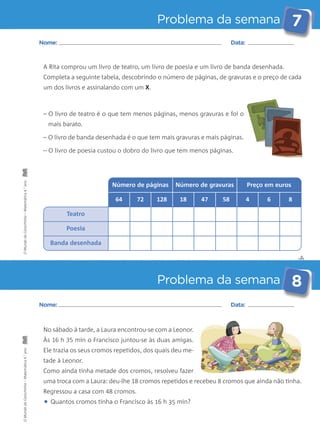 Problema da semana 7 
A Rita comprou um livro de teatro, um livro de poesia e um livro de banda desenhada. 
Completa a seguinte tabela, descobrindo o número de páginas, de gravuras e o preço de cada 
um dos livros e assinalando com um X. 
Como ainda tinha metade dos cromos, resolveu fazer 
uma troca com a Laura: deu-lhe 18 cromos repetidos e recebeu 8 cromos que ainda não tinha. 
Regressou a casa com 48 cromos. 
• Quantos cromos tinha o Francisco às 16 h 35 min? O Mundo da Carochinha – Matemática 4.° ano O Mundo da Carochinha – Matemática 4.° ano 
✄ 
Nome: Data: 
– O livro de teatro é o que tem menos páginas, menos gravuras e foi o 
mais barato. 
– O livro de banda desenhada é o que tem mais gravuras e mais páginas. 
– O livro de poesia custou o dobro do livro que tem menos páginas. 
Problema da semana 8 
Nome: Data: 
No sábado à tarde, a Laura encontrou-se com a Leonor. 
Às 16 h 35 min o Francisco juntou-se às duas amigas. 
Ele trazia os seus cromos repetidos, dos quais deu me-tade 
à Leonor. 
Número de páginas Número de gravuras Preço em euros 
64 72 128 18 47 58 4 6 8 
Teatro 
Poesia 
Banda desenhada 
 