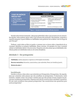 PROTAGONISMO JUVENIL – ensino fundamental
	15
O que um anúncio
precisa ter?
1. Título/categoria
2. 
Descrição do produto ou
serviço
3. Contato do anunciante
Contrata-se
AUXILIAR COMERCIAL
Procuramos pessoas que:
• 
tenham Ensino Médio completo
e mais de 18 anos;
• 
tenham boa comunicação oral e
escrita;
• 
tenham interesse em moda femi-
nina e masculina;
• 
saibam o que significa prestar
um excelente atendimento
ao cliente;
• 
tragam energia e entusiasmo à
equipe.
Envie seu currículo para o e-mail...
Figura 3 – Exemplo de anúncio em classificados de jornal.
Quando todos tiverem terminado, cada grupo poderá falar sobre o que escreveu em seu anúncio.
Em seguida, todos poderão opinar sobre o que acharam das produções. Para finalizar, proponha a
seguinte pergunta: A quais hobbies ou habilidades vocês gostariam de se dedicar mais ao longo do
ano? Por quê?
Professor, anote todas as falas no quadro e converse com os alunos sobre a importância de se
conseguir identificar as próprias habilidades. Nessa conversa, dê exemplos de como é possível
utilizar as habilidades dentro e fora da escola. Pergunte como eles acham que as habilidades indi-
viduais podem ser trabalhadas nesta ou em outras disciplinas.
Atividade 3 − Ser protagonista
Habilidades: realizar pesquisas e organizar as informações encontradas.
Recursos necessários: dicionários; sala de leitura; sala multimídia; filmes com temáticas juvenis.
Número de aulas: 3
Sensibilização
Convide os alunos a falar sobre o que entendem por Protagonista e Protagonismo. Em seguida,
peça que comentem sobre pessoas que eles acreditam ser protagonistas. É interessante, neste
momento, também contar com jornais e revistas para que eles possam recortar imagens de pes-
soas que consideram protagonistas. Organize uma roda de conversa sobre a atividade e questione:
Por que vocês consideram essas pessoas protagonistas? Que características elas apresentam para
serem protagonistas?
 