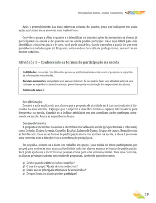 PROTAGONISMO JUVENIL – ensino fundamental
	19
Após o preenchimento das duas primeiras colunas do quadro, peça que indiquem em quais
ações gostariam de se envolver mais neste 6o
ano.
Convide o grupo a olhar o quadro e a identificar de quantas ações interessantes os alunos já
participaram na escola e de quantas outras ainda podem participar. Caso seja difícil para eles
identificar iniciativas para o 6o
ano, você pode ajudá-los, dando exemplos a partir do que está
previsto nas metodologias do Programa, retomando o conceito de protagonismo, sem entrar em
muitos detalhes.
Atividade 2 − Conhecendo as formas de participação na escola
Habilidades: conversar com diferentes pessoas e profissionais na escola; realizar pesquisas e organizar
as informações encontradas.
Recursos necessários: computador com acesso à internet. Se necessário, fazer uma atividade externa para
conhecer as experiências de outras escolas, prever transporte e autorização dos responsáveis dos alunos.
Número de aulas: 2
Sensibilização
Comece a aula explicando aos alunos que a proposta da atividade será dar continuidade à dis-
cussão da aula anterior. Explique que o objetivo é descobrir formas e espaços interessantes para
frequentar na escola. Convide-os a indicar atividades em que acreditam poder participar ativa-
mente na escola. Anote as sugestões na lousa.
Desenvolvimento
A proposta é incentivar os alunos a identificar iniciativas na escola (grupos formais e informais)
como Grêmio, Clubes Juvenis, Conselho Escolar, Líderes de Turma, Grupos de teatro, Reuniões com
as famílias etc. Caso essas formas de participação ainda não existam na escola, a ideia é promover
uma conversa com a direção e/ou a coordenação pedagógica.
Em seguida, oriente-os a fazer um trabalho em grupo (uma média de cinco participantes por
grupo) para conhecer com mais profundidade cada um desses espaços e formas de participação.
Você pode ajudá-los a identificar as pessoas-chave para uma conversa inicial. Para essa conversa,
os alunos precisam elaborar um roteiro de perguntas, contendo questões como:
a
a Desde quando existe o clube/conselho?
a
a O que é o grupo? Quais são seus objetivos?
a
a Quais são as principais atividades desenvolvidas?
a
a De que forma os alunos podem participar?
 