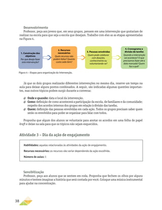 38
Desenvolvimento
Professor, peça aos jovens que, em seus grupos, pensem em uma intervenção que gostariam de
realizar na escola para que seja a escola que desejam. Trabalhe com eles as as etapas apresentadas
na Figura 4.
Já que os dois grupos realizarão diferentes intervenções no mesmo dia, reserve um tempo na
aula para deixar alguns pontos combinados. A seguir, são indicadas algumas questões importan-
tes, mas outros tópicos podem surgir durante a conversa:
a
a Onde e quando: data e local da intervenção.
a
a Como: definição de como acontecerá a participação da escola, de familiares e da comunidade;
respeito dos acordos internos dos grupos em relação à divisão das tarefas.
a
a Quem: definição das pessoas envolvidas em cada ação. Todos os grupos precisam saber quem
serão os envolvidos para poder se organizar para falar com todos.
Proponha que algum dos alunos se voluntarie para anotar os acordos em uma folha de papel
kraft e deixe na sala para que os tópicos não sejam esquecidos.
Atividade 3 – Dia da ação de engajamento
1. Construção dos
objetivos
Por que desejo fazer
esta intervenção?
2. Recursos
necessários
Quais recursos não
podem faltar? Quanto
custa cada item?
3. Pessoas envolvidas
Quem pode colaborar
com doações,
conhecimento ou
voluntariando-se?
4. Cronograma e
divisão de tarefas
Quando a intervenção
vai acontecer? O que
precisamos fazer até a
data marcada? Quem
faz o quê?
Habilidades: aquelas relacionadas às atividades da ação de engajamento.
Recursos necessários: os recursos vão variar dependendo da ação escolhida.
Número de aulas: 1
Figura 4 – Etapas para organização da intervenção.
Sensibilização
Professor, peça aos alunos que se sentem em roda. Proponha que fechem os olhos por alguns
minutos e tentem imaginar a história que será contada por você. Coloque uma música instrumental
para ajudar na concentração.
 