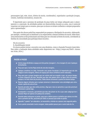 PROTAGONISMO JUVENIL – ensino fundamental
	55
personagens (pai, mãe, aluno, diretor da escola, coordenador), organizarão a produção (roupas,
cenário, materiais necessários), ensaios etc.
É importante que o processo de produção da peça tenha um tempo adequado para o plane-
jamento e a execução. As atividades podem ser desenvolvidas durante as aulas, mas é essencial
organizar um tempo para os ensaios, para que os alunos se sintam confiantes e estejam preparados
para a apresentação.
Uma parte dos alunos pode ficar responsável por preparar a divulgação do encontro, elaborando,
por exemplo, convites para os familiares e/ou responsáveis e demais membros da escola. Além disso,
seria interessante se eles produzissem uma faixa para ser colocada na frente da escola, convidando as
famílias da comunidade para participar desse encontro.
Dia do encontro
1. Sensibilização inicial
Os alunos podem iniciar o encontro com uma dinâmica, como a chamada Travessia (mais deta-
lhes sobre a realização desta atividade estão disponíveis em: http://migre.me/l3bcC. Acesso
em: 8 dez. 2014.)
Passo a passo
a
a 	Inicie o jogo dividindo o espaço em três partes (margem 1, rio e margem 2) com 2 pedaços
de barbante.
a
a 	Peça para que a turma fique atrás de uma das margens.
a
a 	
Coloque cartolinas no chão, formando uma ponte inacabada (é importante que ela não
chegue à outra margem). Deixe um espaço para duas cartolinas serem colocadas.
a
a 	Peça para que o grupo imagine que um vulcão está em erupção e que, em pouco tempo,
as lavas chegarão até eles. Ressalte que eles não podem pisar na água (fora da ponte),
porque o rio está cheio de piranhas. Todos devem atravessar a ponte ao mesmo tempo.
a
a 	
Reserve alguns minutos para o grupo conversar e desenvolver uma estratégia para atra-
vessar a ponte de uma só vez.
a
a 	Quando perceber que eles estão prontos, diga que a lava se aproxima e que eles precisam
atravessar a ponte logo.
a
a 	
Acompanhe a travessia, garantindo que eles não pisem no rio e que cada subgrupo de 4
pessoas fique em apenas um pedaço de cartolina.
a
a 	Quando todos estiverem na ponte, peça que o último passe a cartolina que sobrou no chão
para o primeiro da fila, passando por todas as pessoas que estão na ponte.
a
a 	
Aguarde “a pedra” ser colocada e, se necessário, oriente-os a passar uma segunda pedra.
a
a Com a ponte conectada à outra margem, todos podem passar para o outro lado do rio.
 