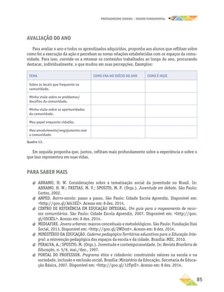 PROTAGONISMO JUVENIL – ensino fundamental
	85
Avaliação do ano
Para avaliar o ano e todos os aprendizados adquiridos, proponha aos alunos que reflitam sobre
como foi a execução da ação e percebam as novas relações estabelecidas com os espaços da comu-
nidade. Para isso, convide-os a retomar os conteúdos trabalhados ao longo do ano, procurando
destacar, individualmente, o que mudou em suas percepções. Exemplos:
Tema Como era no início do ano Como é hoje
Sobre os locais que frequento na
comunidade.
Minha visão sobre os problemas/
desafios da comunidade.
Minha visão sobre as oportunidades
da comunidade.
Meu papel enquanto cidadão.
Meu envolvimento/engajamento com
a comunidade.
Quadro 13.
Em seguida proponha que, juntos, reflitam mais profundamente sobre a experiência e sobre o
que isso representou em suas vidas.
Para saber mais
a
a ABRAMO, H. W. Considerações sobre a tematização social da juventude no Brasil. In:
ABRAMO, H. W.; FREITAS, M. V.; SPOSITO, M. P. (Orgs.). Juventude em debate. São Paulo:
Cortez, 2002.
a
a ANPED. Bairro-escola: passo a passo. São Paulo: Cidade Escola Aprendiz. Disponível em:
http://goo.gl/A6i3EZ. Acesso em: 8 dez. 2014.
a
a CENTRO DE REFERÊNCIA EM EDUCAÇÃO INTEGRAL. Um guia para o mapeamento de recur-
sos comunitários. São Paulo: Cidade Escola Aprendiz, 2007. Disponível em: http://goo.
gl/0SCKlL. Acesso em: 8 dez. 2014.
a
a MEDIAFIRE. Jovens urbanos: marcos conceituais e metodológicos. São Paulo: Fundação Itaú
Social, 2013. Disponível em: http://goo.gl/ZWZvzt. Acesso em: 8 dez. 2014.
a
a MINISTÉRIO DA EDUCAÇÃO. Caderno pedagógico Territórios educativos para a Educação Inte-
gral: a reinvenção pedagógica dos espaços da escola e da cidade. Brasília: MEC, 2010.
a
a PERALVA, A.; SPOSITO, M. (Orgs.). Juventude e contemporaneidade. In: Revista Brasileira de
Educação, n. 5/6, mai./dez., 1997.
a
a PORTAL DO PROFESSOR. Programa ética e cidadania: construindo valores na escola e na
sociedade, inclusão e exclusão social. Brasília: Ministério da Educação, Secretaria de Educa-
ção Básica, 2007. Disponível em: http://goo.gl/12FyrE. Acesso em: 8 dez. 2014.
 