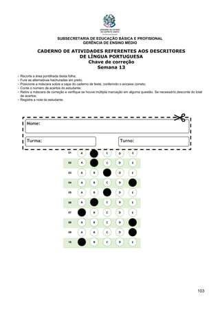 SUBSECRETARIA DE EDUCAÇÃO BÁSICA E PROFISIONAL
GERÊNCIA DE ENSINO MÉDIO
103
CADERNO DE ATIVIDADES REFERENTES AOS DESCRITORES
DE LÍNGUA PORTUGUESA
Chave de correção
Semana 13
- Recorte a área pontilhada desta folha;
- Fure as alternativas hachuradas em preto;
- Posicione a máscara sobre a capa do caderno de teste, conferindo o encaixe correto;
- Conte o número de acertos do estudante;
- Retire a máscara de correção e verifique se houve múltipla marcação em alguma questão. Se necessário,desconte do total
de acertos;
- Registre a nota do estudante.
01
02
03
04
05
06
07
08
09
10
A B C E
D
A
A
A
A
A
A
A
A
B
B
B
B
B
B
B
B
C
C
C
C
C
C
C
C
D
D
D
D
D
D
D
D
E
E
E
E
E
E
E
E
A B C E
D
 