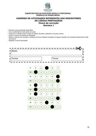 SUBSECRETARIA DE EDUCAÇÃO BÁSICA E PROFISIONAL
GERÊNCIA DE ENSINO MÉDIO
16
CADERNO DE ATIVIDADES REFERENTES AOS DESCRITORES
DE LÍNGUA PORTUGUESA
Chave de correção
Semana 1
- Recorte a área pontilhada desta folha;
- Fure as alternativas hachuradas em preto;
- Posicione a máscara sobre a capa do caderno de teste, conferindo o encaixe correto;
- Conte o número de acertos do estudante;
- Retire a máscara de correção e verifique se houve múltipla marcação em alguma questão. Se necessário,desconte do total
de acertos;
- Registre a nota do estudante.
01
02
03
04
05
06
07
08
09
10
A B C E
D
A
A
A
A
A
A
A
A
B
B
B
B
B
B
B
B
C
C
C
C
C
C
C
C
D
D
D
D
D
D
D
D
E
E
E
E
E
E
E
E
A B C E
D
 