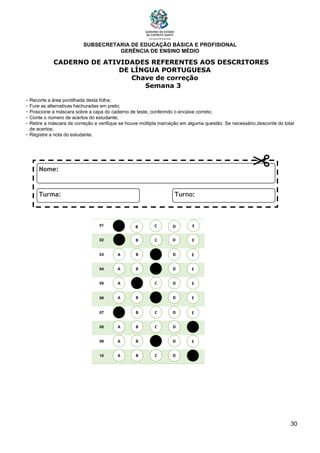 SUBSECRETARIA DE EDUCAÇÃO BÁSICA E PROFISIONAL
GERÊNCIA DE ENSINO MÉDIO
30
CADERNO DE ATIVIDADES REFERENTES AOS DESCRITORES
DE LÍNGUA PORTUGUESA
Chave de correção
Semana 3
- Recorte a área pontilhada desta folha;
- Fure as alternativas hachuradas em preto;
- Posicione a máscara sobre a capa do caderno de teste, conferindo o encaixe correto;
- Conte o número de acertos do estudante;
- Retire a máscara de correção e verifique se houve múltipla marcação em alguma questão. Se necessário,desconte do total
de acertos;
- Registre a nota do estudante.
01
02
03
04
05
06
07
08
09
10
A B C E
D
A
A
A
A
A
A
A
A
B
B
B
B
B
B
B
B
C
C
C
C
C
C
C
C
D
D
D
D
D
D
D
D
E
E
E
E
E
E
E
E
A B C E
D
 