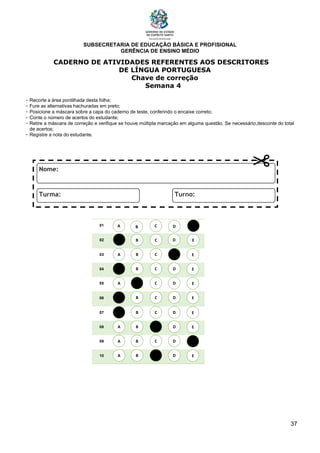 SUBSECRETARIA DE EDUCAÇÃO BÁSICA E PROFISIONAL
GERÊNCIA DE ENSINO MÉDIO
37
CADERNO DE ATIVIDADES REFERENTES AOS DESCRITORES
DE LÍNGUA PORTUGUESA
Chave de correção
Semana 4
- Recorte a área pontilhada desta folha;
- Fure as alternativas hachuradas em preto;
- Posicione a máscara sobre a capa do caderno de teste, conferindo o encaixe correto;
- Conte o número de acertos do estudante;
- Retire a máscara de correção e verifique se houve múltipla marcação em alguma questão. Se necessário,desconte do total
de acertos;
- Registre a nota do estudante.
01
02
03
04
05
06
07
08
09
10
A B C E
D
A
A
A
A
A
A
A
A
B
B
B
B
B
B
B
B
C
C
C
C
C
C
C
C
D
D
D
D
D
D
D
D
E
E
E
E
E
E
E
E
A B C E
D
 
