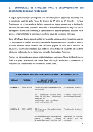 4
2. CRONOGRAMA DE ATIVIDADES PARA O DESENVOLVIMENTO DOS
DESCRITORES DE LÍNGUA PORTUGUESA
A seguir, apresentamos o cronograma com a distribuição dos descritores de acordo com
a sequência sugerida pelo Plano de Ensino da 3ª série do 2º trimestre - Língua
Portuguesa. Na primeira coluna do lado esquerdo da tabela, encontra-se a distribuição
semanal dos descritores que serão abordados. Cada período previsto na segunda coluna
corresponde a uma aula semanal que o professor deve destinar para cada descritor. Além
disso, é importante fazer o registro adequado na pauta de conteúdos no Seges.
Caso o Professor deseje, poderá realizar a impressão selecionando o intervalo de páginas
correspondente às tarefas, as quais podem ser facilmente acessadas clicando na linha do
sumário dinâmico deste material. Na penúltima página de cada bloco semanal de
atividades, há um cartão-resposta que pode ser preenchido pelo estudante. Já na última
página de cada seção, há a máscara de correção destinada ao Professor.
Por fim, na última coluna da tabela, estão listados os tópicos da Matriz de Referência do
Saeb aos quais cada descritor se refere. Essa informação auxiliará na compreensão da
relevância de cada descritor no contexto do exame Saeb.
CRONOGRAMA DE ATIVIDADES POR DESCRITOR SAEB - LÍNGUA PORTUGUESA
SEMANA PERÍODO DESCRITORES
REFERENCIAIS DO SAEB
TÓPICOS
SEMANA 1 26/06 a 30/06 D1 - Localizar informaçõesexplícitas
em um texto.
Procedimentos de leitura.
D2 - Estabelecer relações entre
partes de um texto, identiﬁcando
repetições ou
substituições que contribuem
para a continuidade dele.
Coerência e coesão no
processamento do texto.
SEMANA 2 03/07 a 06/07 D4 - Inferir uma informaçãoimplícita
em um texto.
Procedimentos de leitura.
D5 - Interpretar texto com auxíliode
material gráﬁco diverso
(propagandas, quadrinhos, foto etc.)
Implicações do suporte,
do gênero e/ou do
enunciador.
 