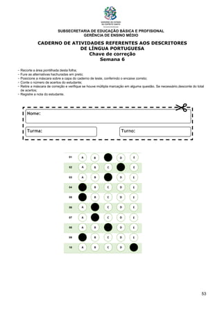 SUBSECRETARIA DE EDUCAÇÃO BÁSICA E PROFISIONAL
GERÊNCIA DE ENSINO MÉDIO
53
CADERNO DE ATIVIDADES REFERENTES AOS DESCRITORES
DE LÍNGUA PORTUGUESA
Chave de correção
Semana 6
- Recorte a área pontilhada desta folha;
- Fure as alternativas hachuradas em preto;
- Posicione a máscara sobre a capa do caderno de teste, conferindo o encaixe correto;
- Conte o número de acertos do estudante;
- Retire a máscara de correção e verifique se houve múltipla marcação em alguma questão. Se necessário,desconte do total
de acertos;
- Registre a nota do estudante.
01
02
03
04
05
06
07
08
09
10
A B C E
D
A
A
A
A
A
A
A
A
B
B
B
B
B
B
B
B
C
C
C
C
C
C
C
C
D
D
D
D
D
D
D
D
E
E
E
E
E
E
E
E
A B C E
D
 