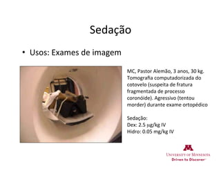 Sedação	
  
•  Usos:	
  Exames	
  de	
  imagem	
  
MC,	
  Pastor	
  Alemão,	
  3	
  anos,	
  30	
  kg.	
  	
  
Tomograﬁa	
  computadorizada	
  do	
  
cotovelo	
  (suspeita	
  de	
  fratura	
  
fragmentada	
  de	
  processo	
  
coronóide).	
  Agressivo	
  (tentou	
  
morder)	
  durante	
  exame	
  ortopédico	
  
	
  
Sedação:	
  
Dex:	
  2.5	
  µg/kg	
  IV	
  
Hidro:	
  0.05	
  mg/kg	
  IV	
  
 