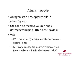 A>pamezole	
  
•  Antagonista	
  de	
  receptores	
  alfa-­‐2	
  
adrenérgicos	
  
•  U>lizado	
  no	
  mesmo	
  volume	
  que	
  a	
  
dexmedetomidina	
  (10x	
  a	
  dose	
  da	
  dex)	
  
•  Vias	
  
– IM	
  –	
  preferível	
  (principalmente	
  em	
  animais	
  
anestesiados)	
  
– IV	
  –	
  pode	
  causar	
  taquicardia	
  e	
  hipotensão	
  
(aceitável	
  em	
  animais	
  não	
  anestesiados)	
  
 