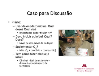 Caso	
  para	
  Discussão	
  
•  Plano:	
  	
  
–  Usar	
  dexmedetomidina.	
  Qual	
  
dose?	
  Qual	
  via?	
  
•  Importante	
  poder	
  >tular	
  =	
  IV	
  
–  Devo	
  incluir	
  opioide?	
  Qual?	
  
Dose?	
  
•  Nível	
  de	
  dor,	
  Nível	
  de	
  sedação	
  
–  Suplementar	
  O2?	
  
•  Não	
  (O2	
  +	
  cautério	
  =	
  combustão)	
  
–  Tem	
  como	
  fazer	
  bloqueio	
  
local?	
  
•  Diminui	
  nível	
  de	
  es•mulo	
  =	
  
diminui	
  requerimento	
  de	
  
fármacos	
  
 