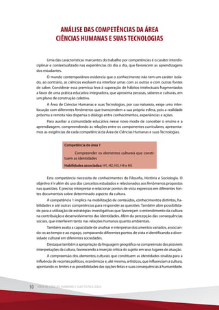 ANÁLISE DAS COMPETÊNCIAS DA ÁREA
CIÊNCIAS HUMANAS E SUAS TECNOLOGIAS
Uma das características marcantes do trabalho por competências é o caráter interdis-
ciplinar e contextualizado nas experiências do dia a dia, que favorecem as aprendizagens
dos estudantes.
O mundo contemporâneo evidencia que o conhecimento não tem um caráter isola-
do, ao contrário, as ciências evoluem na interface umas com as outras e com outras fontes
de saber. Considerar essa premissa leva à superação de hábitos intelectuais fragmentados
a favor de uma prática educativa integradora, que aproxima pessoas, saberes e culturas, em
um plano de construção coletiva.
A Área de Ciências Humanas e suas Tecnologias, por sua natureza, exige uma inter-
locução com diferentes fenômenos que transcendem a sua própria esfera, pois a realidade
próxima e remota não dispensa o diálogo entre conhecimentos, experiências e ações.
Para auxiliar a comunidade educativa nesse novo modo de conceber o ensino e a
aprendizagem, compreendendo as relações entre os componentes curriculares, apresenta-
mos as exigências de cada competência da Área de Ciências Humanas e suas Tecnologias.
Competência de área 1
Compreender os elementos culturais que consti-
tuem as identidades
Habilidades associadas: H1, H2, H3, H4 e H5
Esta competência necessita de conhecimentos de Filosofia, História e Sociologia. O
objetivo é ir além do uso dos conceitos estudados e relacionados aos fenômenos propostos
nas questões. É preciso interpretar e relacionar pontos de vista expressos em diferentes fon-
tes documentais sobre determinado aspecto da cultura.
A competência 1 implica na mobilização de conteúdos, conhecimentos distintos, ha-
bilidades e até outras competências para responder as questões. Também abre possibilida-
de para a utilização de estratégias investigativas que favoreçam o entendimento da cultura
na contribuição e desenvolvimento das identidades. Além da percepção das consequências
sociais, que interferem tanto nas relações humanas quanto ambientais.
Também avalia a capacidade de analisar e interpretar documentos variados, associan-
do-os ao tempo e ao espaço, comparando diferentes pontos de vista e identificando a diver-
sidade cultural em diferentes sociedades.
Destaquetambémàapropriaçãodalinguagemgeográficanacompreensãodaspossíveis
interpretações da cultura, favorecendo a inserção crítica do sujeito em seus lugares de atuação.
A compreensão dos elementos culturais que constituem as identidades sinaliza para a
influência de recortes políticos, econômicos e, até mesmo, artísticos, que influenciam a cultura,
apontando os limites e as possibilidades das opções feitas e suas consequências à humanidade.
10 ÁREA DE CIÊNCIAS HUMANAS E SUAS TECNOLOGIAS10 ÁREA DE CIÊNCIAS HUMANAS E SUAS TECNOLOGIAS
 