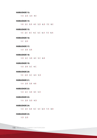 HABILIDADE 13:
1. A 2. D 3. A 4. E
HABILIDADE 14:
1. B 2. E 3. D 4. E 5. D 6. D 7. E 8. E
HABILIDADE 15:
1. E 2. E 3. C 4. C 5. C 6. A 7. E 8. A
HABILIDADE 16:
1. C 2. D 
HABILIDADE 17:
1. A 2. B 3. B
HABILIDADE 18:
1. D 2. C 3. B 4. E 5. C 6. B
HABILIDADE 19:
1. A 2. B 3. C 4. C
HABILIDADE 20:
1. E 2. D 3. C 4. A 5. D
HABILIDADE 21:
1. A 2. B 3. B 4. B
HABILIDADE 22:
1. A 2. C 3. B 4. E 5. D
HABILIDADE 23:
1. A 2. B 3. D 4. D
HABILIDADE 24:
1. A 2. E 3. B 4. C 5. E 6. D 7. A 8. B
HABILIDADE 25:
1. D 2. D
110 ÁREA DE CIÊNCIAS HUMANAS E SUAS TECNOLOGIAS110 ÁREA DE CIÊNCIAS HUMANAS E SUAS TECNOLOGIAS
 