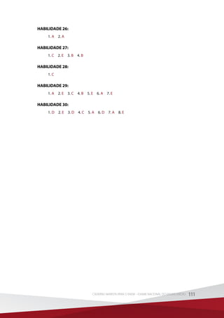 HABILIDADE 26:
1. A 2. A
HABILIDADE 27:
1. C 2. E 3. B 4. B
HABILIDADE 28:
1. C
HABILIDADE 29:
1. A 2. E 3. C 4. B 5. E 6. A 7. E
HABILIDADE 30:
1. D 2. E 3. D 4. C 5. A 6. D 7. A 8. E
111CADERNO MARISTA PARA O ENEM – EXAME NACIONAL DO ENSINO MÉDIO 111CADERNO MARISTA PARA O ENEM – EXAME NACIONAL DO ENSINO MÉDIO
 