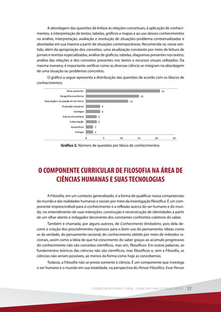 A abordagem das questões dá ênfase às relações conceituais, à aplicação de conheci-
mentos, à interpretação de textos, tabelas, gráficos e mapas e ao uso desses conhecimentos
na análise, interpretação, avaliação e resolução de situações-problema contextualizadas e
abordadas em sua maioria a partir de situações contemporâneas. Recomenda-se, nesse sen-
tido, além da apropriação dos conceitos, uma atualização constante por meio de leitura de
jornais e revistas especializadas, análise de gráficos, tabelas, diagramas presentes nos textos;
análise das relações e dos conceitos presentes nos textos e recursos visuais utilizados. Da
mesma maneira, é importante verificar como as diversas ciência se integram na abordagem
de uma situação ou problemas concretos.
O gráfico a seguir apresenta a distribuição das questões de acordo com os blocos de
conhecimentos:
Gráfico 2. Número de questões por bloco de conhecimentos.
O COMPONENTE CURRICULAR DE FILOSOFIA NA ÁREA DE
CIÊNCIAS HUMANAS E SUAS TECNOLOGIAS
A Filosofia, em um contexto generalizado, é a forma de qualificar nossa compreensão
do mundo e das realidades humanas e sociais por meio da investigação filosófica. É um com-
ponente imprescindível para o conhecimento e a reflexão acerca do ser humano e do mun-
do, no entendimento de suas interações, construção e reconstrução de identidades a partir
de um olhar atento e indagador decorrente dos constantes confrontos coletivos do saber.
Também é chamada, por alguns autores, de Conhecimento Verdadeiro, pois dela de-
corre a criação dos procedimentos rigorosos para o bom uso do pensamento. Ideias como
as da verdade, do pensamento racional, do conhecimento obtido por meio de métodos ra-
cionais, assim como a ideia de que há crescimento do saber graças ao acúmulo progressivo
do conhecimento não são conceitos científicos, mas sim, filosóficos. Em outras palavras, os
fundamentos teóricos das ciências não são científicos, mas filosóficos e, sem a Filosofia, as
ciências não seriam possíveis, ao menos da forma como hoje as concebemos.
Todavia, a Filosofia não se presta somente à ciência. É um componente que investiga
o ser humano e o mundo em sua totalidade, na perspectiva do Pensar Filosófico. Esse Pensar
17CADERNO MARISTA PARA O ENEM – EXAME NACIONAL DO ENSINO MÉDIO 17CADERNO MARISTA PARA O ENEM – EXAME NACIONAL DO ENSINO MÉDIO
 