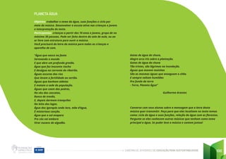 CADERNO DE ATIVIDADES DE EDUCAÇÃO PARA SUSTENTABILIDADE 100
PLANETA ÁGUA
Objetivo: trabalhar o tema da água, suas funções e ciclo por
meio da música. Desenvolver a escuta ativa nas crianças e jovens
e interpretação do texto.
Participantes: crianças a partir dos 10 anos e jovens, grupo de no
máximo 30 pessoas. Pode ser feito dentro da sala de aula, ou ao
ar livre com estrutura para ouvir a música.
Você precisará da letra da música para todas as crianças e
aparelho de som.
“Água que nasce na fonte
Serenando o mundo
E que abre um profundo grotão.
Água que faz inocente riacho
E deságua na corrente do ribeirão.
Águas escuras dos rios
Que levam a fertilidade ao sertão.
Águas que banham aldeias
E matam a sede da população.
Águas que caem das pedras,
No véu das cascatas,
Ronco de trovão,
E, depois dormem tranquilas
No leito dos lagos.
Água dos igarapós onde Iara, mãe d’água,
É misteriosa canção.
Água que o sol evapora
Pro céu vai embora
Virar nuvens de algodão.
Gotas de água de chuva,
Alegre arco íris sobre a plantação.
Gotas de água da chuva
Tão tristes, são lágrimas na inundação.
Águas que movem moinhos
São as mesmas águas que enxaguam o chão.
E sempre voltam humildes
Pro fundo da terra
- Terra, Planeta Água”
Guilherme Arantes
Converse com seus alunos sobre a mensagem que a letra desta
música quer transmitir. Peça para que eles localizem no texto temas
como: ciclo da água e suas funções, relação da água com as florestas.
Pergunte se eles conhecem outras músicas que tenham como tema
principal a água. Se puder leve a música e cantem juntos!
 