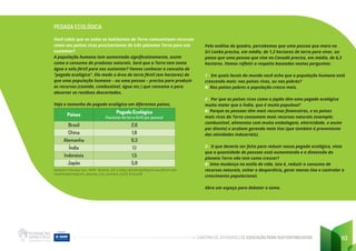 CADERNO DE ATIVIDADES DE EDUCAÇÃO PARA SUSTENTABILIDADE 113
PEGADA ECOLÓGICA
Você sabia que se todos os habitantes da Terra consumissem recursos
como nos países ricos precisaríamos de três planetas Terra para nos
sustentar?
A população humana tem aumentado significativamente, assim
como o consumo de produtos naturais. Será que a Terra tem tanta
água e solo fértil para nos sustentar? Vamos conhecer o conceito de
“pegada ecológica”. Ela mede a área de terra fértil (em hectares) de
que uma população humana – ou uma pessoa – precisa para produzir
os recursos (comida, combustível, água etc.) que consome e para
absorver os resíduos descartados.
Veja o tamanho da pegada ecológica em diferentes países.
Pela análise do quadro, percebemos que uma pessoa que mora no
Sri Lanka precisa, em média, de 1,2 hectares de terra para viver, ao
passo que uma pessoa que vive no Canadá precisa, em média, de 6,3
hectares. Vamos refletir a respeito baseados nestas perguntas:
1 - Em quais locais do mundo você acha que a população humana está
crescendo mais: nos países ricos, ou nos pobres?
R: Nos países pobres a população cresce mais.
2 - Por que os países ricos como o Japão têm uma pegada ecológica
muito maior que a Índia, que é muito populosa?
R: Porque as pessoas têm mais recursos financeiros, e os países
mais ricos da Terra consomem mais recursos naturais (exemplo:
combustível, alimentos com muita embalagem, eletricidade, e assim
por diante) e acabam gerando mais lixo (que também é proveniente
das atividades industriais).
3 - O que deveria ser feito para reduzir nossa pegada ecológica, visto
que a quantidade de pessoas está aumentando e a dimensão do
planeta Terra não tem como crescer?
R: Uma mudança no estilo de vida, isto é, reduzir o consumo de
recursos naturais, evitar o desperdício, gerar menos lixo e controlar o
crescimento populacional.
Abra um espaço para debater o tema.
Países
Pegada Ecológica
(hectares de terra fértil por pessoa)
Brasil 2,6
China 1,8
Alemanha 6,3
Índia 1,1
Indonésia 1,5
Japão 5,9
Relatório Planeta Vivo. WWF. Brasília. 2012 (http:/d3nehc6yl9qzo4.cloudfront.net/
downloads/relatorio_planeta_vivo_sumario_rio20_final.pdf)
 