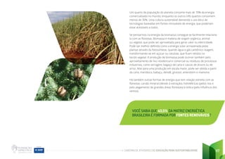 CADERNO DE ATIVIDADES DE EDUCAÇÃO PARA SUSTENTABILIDADE 117
Um quarto da população do planeta consome mais de 70% da energia
comercializada no mundo, enquanto os outros três quartos consomem
menos de 30%. Uma cultura sustentável demanda o uso ético de
tecnologias baseadas em fontes renováveis de energia, que poderiam
estar acessíveis a todos.
Se pensarmos na energia da biomassa consegue-se facilmente relacioná-
la com as florestas. Biomassa é matéria de origem orgânica, animal
ou vegetal, que pode ser aproveitada para gerar calor ou eletricidade.
Pode ser melhor definida como a energia solar armazenada pelas
plantas através da fotossíntese, quando água e gás carbônico reagem,
transformando-se em açúcar ou celulose, que ficam retidos no
tecido vegetal. A produção de biomassa pode ocorrer também pelo
aproveitamento de lixo residencial e comercial ou resíduos de processos
industriais, como serragem, bagaço de cana e cascas de árvore ou de
arroz. Mas para uma produção em escala maior, pode ser obtida a partir
da cana, mandioca, babaçu, dendê, girassol, amendoim e mamona.
Há também outras formas de energia que tem relação estreita com as
florestas: carvão mineral (devido à extração), hidrelétricas (pelos rios e
pelo alagamento de grandes áreas florestais) e eólica (pela influência dos
ventos).
VOCÊ SABIA QUE 43,5% DA MATRIZ ENERGÉTICA
BRASILEIRA É FORMADA POR FONTES RENOVÁVEIS?
 