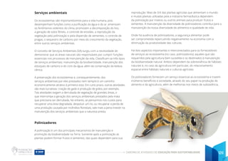 CADERNO DE ATIVIDADES DE EDUCAÇÃO PARA SUSTENTABILIDADE 126
Serviços ambientais
Os ecossistemas são importantíssimos para a vida humana, pois
desempenham funções como a purificação da água e do ar, amenizam
os fenômenos violentos do clima, promovem a decomposição do lixo,
a geração de solos férteis, o controle de erosões, a reprodução da
vegetação pela polinização e pela dispersão de sementes, o controle de
pragas, o sequestro de carbono por meio do crescimento da vegetação,
entre outros serviços ambientais.
O conceito de Serviços Ambientais (SA) surgiu com a necessidade de
demonstrar que as áreas naturais são responsáveis por cumprir funções
essenciais nos processos de manutenção da vida. Classificam-se três tipos
de serviços ambientais: manutenção da biodiversidade, manutenção dos
estoques de carbono e do ciclo da água, além da conservação da beleza
cênica.
A preservação dos ecossistemas e, consequentemente, dos
serviços ambientais por eles prestados nem sempre é um caminho
economicamente atrativo à primeira vista. Em curto prazo, outras atividades
são mais lucrativas: criação de gado e produção de grãos, por exemplo.
Tais atividades exigem a derrubada de vegetação de grandes áreas, o
que interrompe a geração dos serviços ambientais prestados pela mata
que precisaria ser derrubada. No entanto, se pensarmos nos custos para
recuperar uma área degradada, despoluir um rio, ou recuperar a perda de
uma produção causada por incêndios florestais, vale mais a pena investir na
manutenção dos serviços ambientais que a natureza presta.
Polinizadores
A polinização é um dos principais mecanismos de manutenção e
promoção da biodiversidade na Terra. Somente após a polinização as
plantas podem formar frutos e sementes, das quais dependem para sua
reprodução. Mais de 3/4 das plantas agrícolas que alimentam o mundo
e muitas plantas utilizadas pela a indústria farmacêutica dependem
da polinização por insetos ou outros animais para produzir frutos e
sementes. A manutenção da diversidade de polinizadores contribui para a
manutenção da nossa diversidade de alimentos e qualidade de vida.
Onde há ausência de polinizadores, a segurança alimentar pode
ser comprometida repercutindo negativamente na economia com a
diminuição da produtividade das culturas.
Há dois aspectos importantes e interconectados para os fornecedores
de serviços ao ecossistema (no caso, polinizadores), aqueles que são
requeridos pela agricultura bem sucedida e os destinados à manutenção
da biodiversidade natural. Ambos dependem da sobrevivência de hábitats
naturais e, no caso da agricultura em particular, do relacionamento
espacial entre hábitats naturais e culturas agrícolas.
Os polinizadores fornecem um serviço essencial ao ecossistema e trazem
inúmeros benefícios à sociedade, através do seu papel na produção de
alimento e da agricultura, além de melhorias nos meios de subsistência,
 