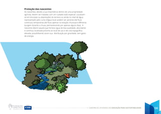 CADERNO DE ATIVIDADES DE EDUCAÇÃO PARA SUSTENTABILIDADE 130
Proteção das nascentes
As nascentes, devido a sua importância dentro de uma propriedade
agrícola, devem ser tratadas com um cuidado todo especial. Localizam-
se em encostas ou depressões do terreno ou ainda no nível de água
representado pelo curso d’água local; podem ser perenes (de fluxo
contínuo), temporárias (de fluxo apenas na estação chuvosa) e efêmeras
(surgem durante a chuva, permanecendo por apenas alguns dias). A
nascente ideal é aquela que fornece água de boa qualidade, abundante
e contínua, localizada próxima ao local de uso e de cota topográfica
elevada, possibilitando assim sua distribuição por gravidade, sem gasto
de energia.
 