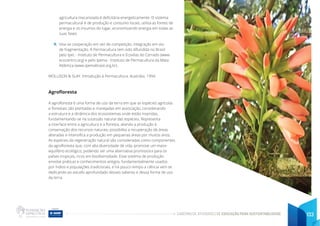 CADERNO DE ATIVIDADES DE EDUCAÇÃO PARA SUSTENTABILIDADE 133
agricultura mecanizada é deficitária energeticamente. O sistema
permacultural é de produção e consumo locais; utiliza as fontes de
energia e os insumos do lugar, economizando energia em todas as
suas fases.
9. Visa-se cooperação em vez de competição, integração em vez
de fragmentação. A Permacultura tem sido difundida no Brasil
pelo Ipec - Instituto de Permacultura e Ecovilas do Cerrado (www.
ecocentro.org) e pelo Ipema - Instituto de Permacultura da Mata
Atlântica (www.ipemabrasil.org.br).
MOLLISON & SLAY. Introdução à Permacultura. Austrália. 1994.
Agrofloresta
A agrofloresta é uma forma de uso da terra em que as espécies agrícolas
e florestais são plantadas e manejadas em associação, considerando
a estrutura e a dinâmica dos ecossistemas onde estão inseridas,
fundamentando-se na sucessão natural das espécies. Representa
a interface entre a agricultura e a floresta, aliando a produção à
conservação dos recursos naturais; possibilita a recuperação de áreas
alteradas e intensifica a produção em pequenas áreas por muitos anos.
As espécies da regeneração natural são consideradas como componentes
da agrofloresta que, com alta diversidade de vida, promove um maior
equilíbrio ecológico, podendo ser uma alternativa promissora para os
países tropicais, ricos em biodiversidade. Esse sistema de produção
envolve práticas e conhecimentos antigos, fundamentalmente usados
por índios e populações tradicionais, e há pouco tempo a ciência vem se
dedicando ao estudo aprofundado desses saberes e dessa forma de uso
da terra.
 