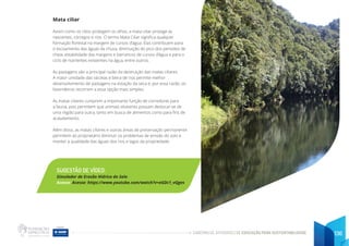 CADERNO DE ATIVIDADES DE EDUCAÇÃO PARA SUSTENTABILIDADE 136
Mata ciliar
Assim como os cílios protegem os olhos, a mata ciliar protege as
nascentes, córregos e rios. O termo Mata Ciliar significa qualquer
formação florestal na margem de cursos d’água. Elas contribuem para
o escoamento das águas da chuva, diminuição do pico dos períodos de
cheia, estabilidade das margens e barrancos de cursos d’água e para o
ciclo de nutrientes existentes na água, entre outros.
As pastagens são a principal razão da destruição das matas ciliares.
A maior umidade das várzeas e beira de rios permite melhor
desenvolvimento de pastagens na estação da seca e, por essa razão, os
fazendeiros recorrem a essa opção mais simples.
As matas ciliares cumprem a importante função de corredores para
a fauna, pois permitem que animais silvestres possam deslocar-se de
uma região para outra, tanto em busca de alimentos como para fins de
acasalamento.
Além disso, as matas ciliares e outras áreas de preservação permanente
permitem ao proprietário diminuir os problemas de erosão do solo e
manter a qualidade das águas dos rios e lagos da propriedade.
SUGESTÃO DE VÍDEO:
Simulador de Erosão Hídrica do Solo
Acesse: Acesse: https://www.youtube.com/watch?v=eGDc1_vQges
 