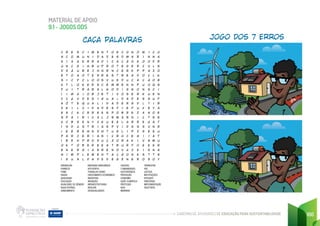 CADERNO DE ATIVIDADES DE EDUCAÇÃO PARA SUSTENTABILIDADE
jogo dos 7 erros
ERRADICAR
POBREZA
FOME
SAÚDE
QUALIDADE
EDUCAÇÃO
IGUALDADE DE GÊNERO
ÁGUA POTÁVEL
SANEAMENTO
ENERGIAS RENOVÁVEIS
ACESSÍVEIS
TRABALHO DIGNO
CRESCIMENTO ECONÔMICO
INDÚSTRIA
INOVAÇÃO
INFRAESTRUTURAS
REDUZIR
DESIGUALDADES
CIDADES
COMUNIDADES
SUSTENTÁVEIS
PRODUÇÃO
CONSUMO
AÇÃO CLIMÁTICA
PROTEGER
VIDA
MARINHA
TERRESTRE
PAZ
JUSTIÇA
INSTITUIÇÕES
EFICAZES
PARCERIAS
IMPLEMENTAÇÃO
OBJETIVOS
Caça palavras
C R E S C I M E N T O E C O N Ô M I C O
S C O M U N I D A D E S D M A R I N H A
A I A Á E R R A D I C A Ç Ã O E O O D R
Ú N Ç G I H B U P R O T E G E R C V L S
D S Ã U B E J H N R N C E R K P P A Z O
E T O A O T E R R E S T R E A D O Ç L K
S I C P C L O O S V U E D U C A Ç Ã O B
E T L O K E R S C E M W E N N P U O Q S
F U I T R A B A L H O D I G N O N S C I
I		 I M Á I O B J E T I V O S E R K U E N
C Ç Á V D E S I G U A L D A D E S S U F
A Õ T E Q U A L I D A D E R S D L T I R
Z E I L C I D A D E S F I E F U K E Y A
E S C K C R R E E S P O B R E Z A N O E
S P A I R I C A L J R M A R N I C T S S
K C B S E N Y C E U E E L A R R E Á A T
I		N D Ú S T R I A S P V I D A N S V N R
I		E E R E H N D H T U E L I P Z S E E U
P A R C E R I A S I Ç R O C E H Í I A T
I		
B E N P R O D U Ç Ã O R A K I V S M U
O K T O B E R E E A T B U R F O E E E R
E N E R G I A S R E N O V Á V E I S N A
H I M P L E M E N T A Ç Ã O N K S T T S
I		 G U A L D A D E D E G Ê N E R O S O Y
166
MATERIAL DE APOIO
9.1 - JOGOS ODS
 