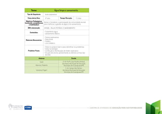 CADERNO DE ATIVIDADES DE EDUCAÇÃO PARA SUSTENTABILIDADE 188
Tema: Água limpa e saneamento
Tipo de Sequência: Aula expositiva
Faixa etária/Ano: 5º ano Tempo/Duração: 15 dias
Objetivos Pedagógicos
(conteúdo, competências
e habilidades)
Apoiar e fortalecer a participação da comunidade escolar
para melhorar a gestão da água e do saneamento.
ODS relacionado: ODS06 - ÁGUA POTÁVEL E SANEAMENTO
Conteúdos: • Tratamento água
• Saneamento Básico
Materiais Necessários:
• Textos explicativos
• Data show
• Folders
• Livro didático
Produtos Finais:
• Visita no próprio bairro para identificar os problemas
• Visita na Sanepar
• Confecção e distribuição de folder explicativo
• Grupos de alunos apresentarão as demais turmas das
escolas
Autores Escola
Soeli E. M. Profª Luiza Paulina Amaral
Secretaria Municipal de Educação
Município de Guarapuava/PR
Marinez Federle
Vanessa Frigeri
E. M. Campo Vila Palmira
Secretaria Municipal de Educação
Município de Guarapuava/PR
 