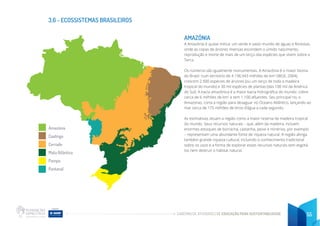 CADERNO DE ATIVIDADES DE EDUCAÇÃO PARA SUSTENTABILIDADE 55
3.6 - ECOSSISTEMAS BRASILEIROS
AMAZÔNIA
A Amazônia é quase mítica: um verde e vasto mundo de águas e florestas,
onde as copas de árvores imensas escondem o úmido nascimento,
reprodução e morte de mais de um terço das espécies que vivem sobre a
Terra.
Os números são igualmente monumentais. A Amazônia é o maior bioma
do Brasil: num território de 4.196.943 milhões de km2
(IBGE, 2004),
crescem 2.500 espécies de árvores (ou um terço de toda a madeira
tropical do mundo) e 30 mil espécies de plantas (das 100 mil da América
do Sul). A bacia amazônica é a maior bacia hidrográfica do mundo: cobre
cerca de 6 milhões de km2
e tem 1.100 afluentes. Seu principal rio, o
Amazonas, corta a região para desaguar no Oceano Atlântico, lançando ao
mar cerca de 175 milhões de litros d’água a cada segundo.
As estimativas situam a região como a maior reserva de madeira tropical
do mundo. Seus recursos naturais – que, além da madeira, incluem
enormes estoques de borracha, castanha, peixe e minérios, por exemplo
– representam uma abundante fonte de riqueza natural. A região abriga
também grande riqueza cultural, incluindo o conhecimento tradicional
sobre os usos e a forma de explorar esses recursos naturais sem esgotá-
los nem destruir o habitat natural.
Amazônia
Caatinga
Cerrado
Mata Atlântica
Pampa
Pantanal
 