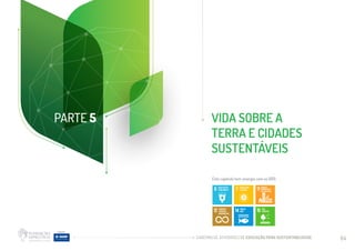 CADERNO DE ATIVIDADES DE EDUCAÇÃO PARA SUSTENTABILIDADE 84
VIDA SOBRE A
TERRA E CIDADES
SUSTENTÁVEIS
PARTE 5
Este capítulo tem sinergia com os ODS:
 