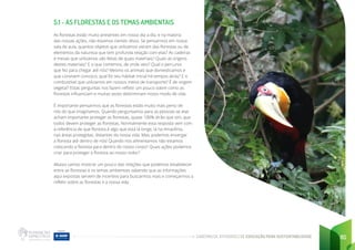 CADERNO DE ATIVIDADES DE EDUCAÇÃO PARA SUSTENTABILIDADE 85
5.1 - AS FLORESTAS E OS TEMAS AMBIENTAIS
As florestas estão muito presentes em nosso dia a dia, e na maioria
das nossas ações, não estamos cientes disso. Se pensarmos em nossa
sala de aula, quantos objetos que utilizamos vieram das florestas ou de
elementos da natureza que tem profunda relação com elas? As cadeiras
e mesas que utilizamos são feitas de quais materiais? Quais as origens
destes materiais? E o que comemos, de onde veio? Qual o percurso
que fez para chegar até nós? Mesmo os animais que domesticamos e
que convivem conosco, qual foi seu habitat inicial há tempos atrás? E o
combustível que utilizamos em nossos meios de transporte? É de origem
vegetal? Estas perguntas nos fazem refletir um pouco sobre como as
florestas influenciam e muitas vezes determinam nosso modo de vida.
É importante pensarmos que as florestas estão muito mais perto de
nós do que imaginamos. Quando perguntamos para as pessoas se elas
acham importante proteger as florestas, quase 100% dirão que sim, que
todos devem proteger as florestas. Normalmente esta resposta vem com
a referência de que floresta é algo que está lá longe, lá na Amazônia,
nas áreas protegidas, distantes da nossa vida. Mas, podemos enxergar
a floresta até dentro de nós! Quando nos alimentamos não estamos
colocando a floresta para dentro do nosso corpo? Quais ações podemos
criar para proteger a floresta ao nosso redor?
Abaixo vamos mostrar um pouco das relações que podemos estabelecer
entre as florestas e os temas ambientais sabendo que as informações
aqui expostas servem de incentivo para buscarmos mais e começarmos a
refletir sobre as florestas e a nossa vida.
 