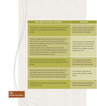 se bem me lembro...
169
Texto original: “Dona Dulce e suas histórias”
Dona Dulce tem 74 anos. Nasceu e cresceu em Marlândia, numa época mais
tranquila. Ela me contou que desde que nasceu até hoje Marlândia mudou
bastante.
A cidade era simples e pequena, com poucas casas, quase todas feitas de
taipa. As poucas ruas que exis tiam eram de terra, por onde passavam a
boiada, charretes e apenas alguns poucos carros. A cidade tinha muita poeira
e tudo era mais mato do que casas.
A casa era ainda mais simples. O chão era terra pura, as camas eram
cavaletes, o fogão era a lenha. Na prateleira dava para colocar poucas coisas
como pratos que foram da minha avó e as panelas que minha mãe areava.
Tinha meia dúzia de cadeiras velhas para as visitas.
Falou que brincava bastante de boneca, que era feita de sabugo de milho.
Também costumava fazer bichinhos com legumes e jogar queimada com bola
de meia.
Ela contou que quando estudava a escola era para poucos, e qualquer erro
tinha castigos severos. Os alunos ficavam em cima do milho e levavam
palmadas de palmatória. Ela sentia muito medo da professora. Teve uma vez
em que um menino foi parar no hospital depois dos castigos que recebeu.
Dona Dulce diz que muito tempo se passou e hoje ela vive com seus netos,
relembrando o passado.
Comentários
O texto está em terceira pessoa. A proposta é
produzir um texto em primeira pessoa, pois
trata das “memórias” do entrevistado.
O autor poderia trazer suas impressões sobre
o lugar, descrevendo cores, cheiros, fazendo
comparações entre o passado e o presente.
Poderia buscar uma linguagem literária que
enredasse mais o leitor.
Iniciar o parágrafo com uma expressão
como “Naquele tempo” ajuda a situar o
leitor na época em que os fatos ocorreram.
Trazer impressões e sentimentos que
poderiam ajudar a despertar as emoções
do leitor.
O texto precisa ser concluído, trazendo, por
exemplo, o entrevistado ao tempo atual.
se bem me lembro...
169
 