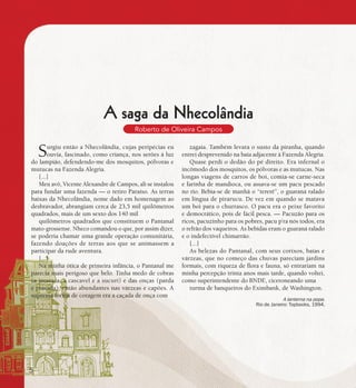 se bem me lembro...
183
A saga da Nhecolândia
Roberto de Oliveira Campos
Surgiu então a Nhecolândia, cujas peripécias eu
ouvia, fascinado, como criança, nos serões à luz
do lampião, defendendo-me dos mosquitos, pólvoras e
mutucas na Fazenda Alegria.
[...]
Meu avô, Vicente Alexandre de Campos, ali se instalou
para fundar uma fazenda — o retiro Paraíso. As terras
baixas da Nhecolândia, nome dado em homenagem ao
desbravador, abrangiam cerca de 23,5 mil quilômetros
quadrados, mais de um sexto dos 140 mil
quilômetros quadrados que constituem o Pantanal
mato-grossense. Nheco comandou o que, por assim dizer,
se poderia chamar uma grande operação comunitária,
fazendo doações de terras aos que se animassem a
participar da rude aventura.
[...]
Na minha ótica de primeira infância, o Pantanal me
parecia mais perigoso que belo. Tinha medo de cobras
(a jararaca, a cascavel e a sucuri) e das onças (parda
e pintada), então abundantes nas várzeas e capões. A
suprema forma de coragem era a caçada de onça com
zagaia. Também levara o susto da piranha, quando
entrei desprevenido na baía adjacente à Fazenda Alegria.
Quase perdi o dedão do pé direito. Era infernal o
incômodo dos mosquitos, os pólvoras e as mutucas. Nas
longas viagens de carros de boi, comia-se carne-seca
e farinha de mandioca, ou assava-se um pacu pescado
no rio. Bebia-se de manhã o “tererê”, o guaraná ralado
em língua de pirarucu. De vez em quando se matava
um boi para o churrasco. O pacu era o peixe favorito
e democrático, pois de fácil pesca. — Pacuzão para os
ricos, pacuzinho para os pobres, pacu p’ra nós todos, era
o refrão dos vaqueiros. As bebidas eram o guaraná ralado
e o indefectível chimarrão.
[...]
As belezas do Pantanal, com seus corixos, baías e
várzeas, que no começo das chuvas pareciam jardins
formais, com riqueza de flora e fauna, só entrariam na
minha percepção trinta anos mais tarde, quando voltei,
como superintendente do BNDE, ciceroneando uma
turma de banqueiros do Eximbank, de Washington.
A lanterna na popa.
Rio de Janeiro: Topbooks, 1994.
5
 