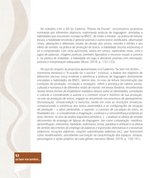 se bem me lembro...
23
No trabalho com a SD do Caderno “Poetas da Escola”, encontramos propostas
norteadas por diferentes objetivos, explorando práticas de linguagem atreladas a
habilidades que encontram morada na BNCC, de modo a retratar: na prática de leitura/
escuta, a habilidade envolvida é apreciar poemas e outros textos versificados, observando
rimas, aliterações e diferentes modos de divisão dos versos, estrofes e refrões e seu
efeito de sentido; na prática de produção de textos, a habilidade (escrita autônoma) é
ler e compreender, com certa autonomia, textos em versos, explorando rimas, sons e
jogos de palavras, imagens poéticas (sentidos figurados) e recursos visuais e sonoros
e, na prática de oralidade, a habilidade em jogo é declamar poemas com entonação,
postura e interpretação adequadas (Brasil, 2018, p. 132-133).
No que diz respeito às propostas apresentadas nos Cadernos “Se bem me lembro...”
(memórias literárias) e “A ocasião faz o escritor” (crônica), a análise dos objetivos de
diferentes oficinas torna evidente a aderência a práticas de linguagem diretamente
vinculadas a habilidades da BNCC, dentre elas: no eixo da leitura (reconstrução das
condições de produção, circulação e recepção), inferir a presença de valores sociais,
culturais e humanos e de diferentes visões de mundo, em textos literários, reconhecendo
nesses textos formas de estabelecer múltiplos olhares sobre as identidades, sociedades
e culturas e considerando a autoria e o contexto social e histórico de sua produção;
no eixo da produção de textos, engajar-se ativamente nos processos de planejamento,
textualização, revisão/edição e reescrita, tendo em vista as restrições temáticas,
composicionais e estilísticas dos textos pretendidos e as configurações da situação
de produção – o leitor pretendido, o suporte, o contexto de circulação do texto, as
finalidades etc – e considerando a imaginação, a estesia e a verossimilhança próprias ao
texto literário; no eixo da análise linguística/semiótica, (...) analisar os efeitos de sentido
decorrentes do emprego de figuras de linguagem, tais como comparação, metáfora,
personificação, metonímia, hipérbole, eufemismo, ironia, paradoxo e antítese e os efeitos
de sentido decorrentes do emprego de palavras e expressões denotativas e conotativas
(adjetivos, locuções adjetivas, orações subordinadas adjetivas etc), que funcionam
como modificadores, percebendo sua função na caracterização dos espaços, tempos,
personagens e ações próprios de cada gênero narrativo (Brasil, 2018, p. 156-161).
se bem me lembro...
23
 