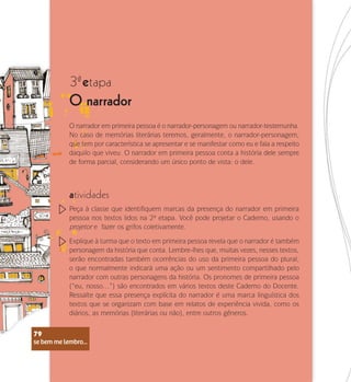 se bem me lembro...
79
3 etapa
ª
O narrador
O narrador em primeira pessoa é o narrador-personagem ou narrador-testemunha.
No caso de memórias literárias teremos, geralmente, o narrador-personagem,
que tem por característica se apresentar e se manifestar como eu e fala a respeito
daquilo que viveu. O narrador em primeira pessoa conta a história dele sempre
de forma parcial, considerando um único ponto de vista: o dele.
atividades
Peça à classe que identifiquem marcas da presença do narrador em primeira
pessoa nos textos lidos na 2ª etapa. Você pode projetar o Caderno, usando o
projetor e fazer os grifos coletivamente.
Explique à turma que o texto em primeira pessoa revela que o narrador é também
personagem da história que conta. Lembre-lhes que, muitas vezes, nesses textos,
serão encontradas também ocorrências do uso da primeira pessoa do plural,
o que normalmente indicará uma ação ou um sentimento compartilhado pelo
narrador com outras personagens da história. Os pronomes de primeira pessoa
(“eu, nosso…”) são encontrados em vários textos deste Caderno do Docente.
Ressalte que essa presença explícita do narrador é uma marca linguística dos
textos que se organizam com base em relatos de experiência vivida, como os
diários, as memórias (literárias ou não), entre outros gêneros.
se bem me lembro...
79
 