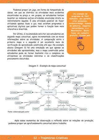 Podemos propor um jogo, em forma de tempestade de
ideias, em que se distribui as atividades mais evidentes
encontradas na praça e, em grupos, os estudantes tentam
levantar as inúmeras outras atividades envolvidas direta ou
indiretamente àquelas. É uma atividade possível de fazer
utilizando apenas lousa e giz, mas existem programas e
aplicativos digitais que podem tornar a função bem mais
interativa e divertida.
Por último, é recomendado solicitar aos estudantes um
segundo mapa conceitual, agora incrementado com as novas
informações sobre as atividades. A comparação entre o
primeiro mapa e o segundo é um excelente meio de
verificação do aprendizado construído até aqui. No exemplo
abaixo (Imagem 3) há uma simulação em que apenas as
atividades são apresentadas, mas o mapa construído pelos
estudantes pode se tornar bastante rico e complexo se
utilizarmos as atividades indiretas e as classificações
previamente discutidas.
12 – Trajetórias Criativas
Um exemplo de
programa de fácil
manuseio, que permite
criar pesquisas,
brainstormings, nuvens
de palavras, enquetes
instantâneas, é o
Mentimeter. Basta
fazer um cadastro
gratuito. Acesso pelo
LINK!
Imagem 3 - Exemplo de mapa conceitual
Fonte: elaborado pelo autor
Após esses momentos de observação e reflexão sobre as relações de produção,
podemos propor um aprofundamento conceitual sobre trabalho.
 