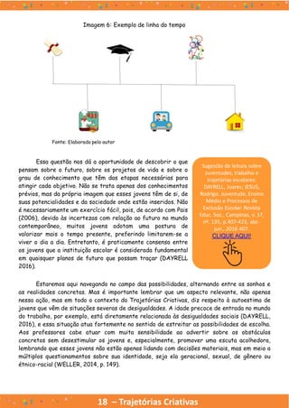 18 – Trajetórias Criativas
Imagem 6: Exemplo de linha do tempo
Fonte: Elaborado pelo autor
Essa questão nos dá a oportunidade de descobrir o que
pensam sobre o futuro, sobre os projetos de vida e sobre o
grau de conhecimento que têm das etapas necessárias para
atingir cada objetivo. Não se trata apenas dos conhecimentos
prévios, mas da própria imagem que esses jovens têm de si, de
suas potencialidades e da sociedade onde estão inseridos. Não
é necessariamente um exercício fácil, pois, de acordo com Pais
(2006), devido às incertezas com relação ao futuro no mundo
contemporâneo, muitos jovens adotam uma postura de
valorizar mais o tempo presente, preferindo limitarem-se a
viver o dia a dia. Entretanto, é praticamente consenso entre
os jovens que a instituição escolar é considerada fundamental
em quaisquer planos de futuro que possam traçar (DAYRELL
2016).
Sugestão de leitura sobre
Juventudes, trabalho e
trajetórias escolares:
DAYRELL, Juares; JESUS,
Rodrigo. Juventude, Ensino
Médio e Processos de
Exclusão Escolar. Revista
Educ. Soc., Campinas, v. 37,
nº. 135, p.407-423, abr.-
jun., 2016 407.
CLIQUE AQUI!
Estaremos aqui navegando no campo das possibilidades, alternando entre os sonhos e
as realidades concretas. Mas é importante lembrar que um aspecto relevante, não apenas
nessa ação, mas em todo o contexto do Trajetórias Criativas, diz respeito à autoestima de
jovens que vêm de situações severas de desigualdades. A idade precoce de entrada no mundo
do trabalho, por exemplo, está diretamente relacionada às desigualdades sociais (DAYRELL,
2016), e essa situação atua fortemente no sentido de estreitar as possibilidades de escolha.
Aos professores cabe atuar com muita sensibilidade ao advertir sobre os obstáculos
concretos sem desestimular os jovens e, especialmente, promover uma escuta acolhedora,
lembrando que esses jovens não estão apenas lidando com decisões materiais, mas em meio a
múltiplos questionamentos sobre sua identidade, seja ela geracional, sexual, de gênero ou
étnico-racial (WELLER, 2014, p. 149).
 