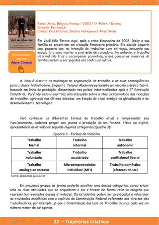 22 – Trajetórias Criativas
A ideia é discutir as mudanças na organização do trabalho e as suas consequências
para a classe trabalhadora. Enquanto Tempos Modernos apresenta um modelo clássico fabril,
baseado em linha de produção, disseminado nos países industrializados após a 2ª Revolução
Industrial, Você não estava aqui traz uma discussão sobre a atual precariedade das relações
de trabalho, agravada nas últimas décadas, em função do atual estágio da globalização e do
desenvolvimento tecnológico.
Para conhecer as diferentes formas de trabalho atual e compreender seu
funcionamento, podemos propor aos jovens a produção de um fanzine, físico ou digital,
apresentando as atividades segundo algumas categorias (Quadro 3):
Reino Unido, Bélgica, França / 2020 / 1h 40min / Drama
Direção: Ken Loach
Elenco: Kris Hitchen, Debbie Honeywood, Rhys Stone
Em Você Não Estava Aqui, após a crise financeira de 2008, Ricky e sua
família se encontram em situação financeira precária. Ele decide adquirir
uma pequena van, na intenção de trabalhar com entregas, enquanto sua
esposa luta para manter a profissão de cuidadora. No entanto, o trabalho
informal não traz a recompensa prometida, e aos poucos os membros da
família passam a ser jogados uns contra os outros.
Ficha técnica e
sinopse:
Adoro Cinema!
Quadro 3 - Formas de trabalho
Fonte: elaborado pelo autor
Em pequenos grupos, os jovens poderão escolher uma dessas categorias, caracterizar
uma ou duas atividades que se enquadrem a ela e trazer de forma criativa imagens que
representem exemplos dessas atividades. Os estudantes podem ser provocados a relacionar
as atividades escolhidas com o capítulo da Constituição Federal referente aos direitos dos
trabalhadores, por exemplo, já que a Consolidação das Leis do Trabalho alcança cada vez um
número menor de categorias.
Trabalho
formal
Trabalho
informal
Trabalho
autônomo
Trabalho
voluntário
Trabalho
assalariado
Trabalho
profissional liberal
Trabalho
análogo ao escravo
Microempreendedor
individual (MEI)
Trabalho doméstico
(afazeres do lar)
 