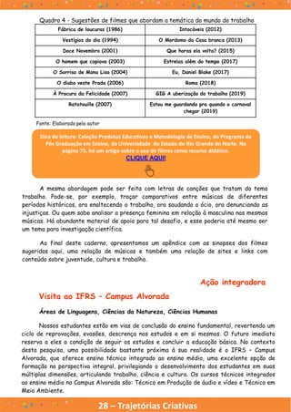 28 – Trajetórias Criativas
Dica de leitura: Coleção Produtos Educativos e Metodologia de Ensino, do Programa de
Pós Graduação em Ensino, da Universidade do Estado do Rio Grande do Norte. Na
página 75, há um artigo sobre o uso de filmes como recurso didático.
CLIQUE AQUI!
Quadro 4 - Sugestões de filmes que abordam a temática do mundo do trabalho
Fonte: Elaborado pelo autor
Fábrica de loucuras (1986) Intocáveis (2012)
Vestígios do dia (1994) O Mordomo da Casa branca (2013)
Doce Novembro (2001) Que horas ela volta? (2015)
O homem que copiava (2003) Estrelas além do tempo (2017)
O Sorriso de Mona Lisa (2004) Eu, Daniel Blake (2017)
O diabo veste Prada (2006) Roma (2018)
À Procura da Felicidade (2007) GIG A uberização do trabalho (2019)
Ratatouille (2007) Estou me guardando pra quando o carnaval
chegar (2019)
A mesma abordagem pode ser feita com letras de canções que tratam do tema
trabalho. Pode-se, por exemplo, traçar comparativos entre músicas de diferentes
períodos históricos, ora enaltecendo o trabalho, ora saudando o ócio, ora denunciando as
injustiças. Ou quem sabe analisar a presença feminina em relação à masculina nas mesmas
músicas. Há abundante material de apoio para tal desafio, e esse poderia até mesmo ser
um tema para investigação científica.
Ao final deste caderno, apresentamos um apêndice com as sinopses dos filmes
sugeridos aqui, uma relação de músicas e também uma relação de sites e links com
conteúdo sobre juventude, cultura e trabalho.
Ação integradora
Visita ao IFRS – Campus Alvorada
Áreas de Linguagens, Ciências da Natureza, Ciências Humanas
Nossos estudantes estão em vias de conclusão do ensino fundamental, revertendo um
ciclo de reprovações, evasões, descrença nos estudos e em si mesmos. O futuro imediato
reserva a eles a condição de seguir os estudos e concluir a educação básica. No contexto
desta pesquisa, uma possibilidade bastante próxima à sua realidade é o IFRS – Campus
Alvorada, que oferece ensino técnico integrado ao ensino médio, uma excelente opção de
formação na perspectiva integral, privilegiando o desenvolvimento dos estudantes em suas
múltiplas dimensões, articulando trabalho, ciência e cultura. Os cursos técnicos integrados
ao ensino médio no Campus Alvorada são: Técnico em Produção de áudio e vídeo e Técnico em
Meio Ambiente.
 