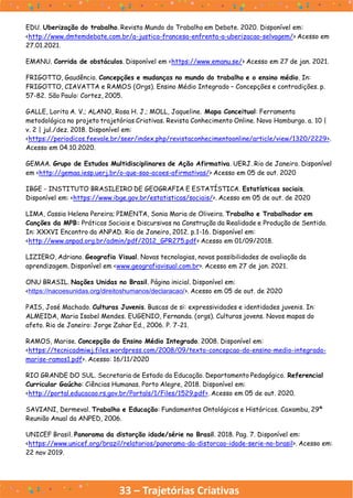 33 – Trajetórias Criativas
EDU. Uberização do trabalho. Revista Mundo do Trabalho em Debate. 2020. Disponível em:
<http://www.dmtemdebate.com.br/a-justica-francesa-enfrenta-a-uberizacao-selvagem/> Acesso em
27.01.2021.
EMANU. Corrida de obstáculos. Disponível em <https://www.emanu.se/> Acesso em 27 de jan. 2021.
FRIGOTTO, Gaudêncio. Concepções e mudanças no mundo do trabalho e o ensino médio. In:
FRIGOTTO, CIAVATTA e RAMOS (Orgs). Ensino Médio Integrado – Concepções e contradições. p.
57-82. São Paulo: Cortez, 2005.
GALLE, Lorita A. V.; ALANO, Rosa H. J.; MOLL, Jaqueline. Mapa Conceitual: Ferramenta
metodológica no projeto trajetórias Criativas. Revista Conhecimento Online. Novo Hamburgo. a. 10 |
v. 2 | jul./dez. 2018. Disponível em:
<https://periodicos.feevale.br/seer/index.php/revistaconhecimentoonline/article/view/1320/2229>.
Acesso em 04.10.2020.
GEMAA. Grupo de Estudos Multidisciplinares de Ação Afirmativa. UERJ. Rio de Janeiro. Disponível
em <http://gemaa.iesp.uerj.br/o-que-sao-acoes-afirmativas/> Acesso em 05 de out. 2020
IBGE - INSTITUTO BRASILEIRO DE GEOGRAFIA E ESTATÍSTICA. Estatísticas sociais.
Disponível em: <https://www.ibge.gov.br/estatisticas/sociais/>. Acesso em 05 de out. de 2020
LIMA, Cassia Helena Pereira; PIMENTA, Sonia Maria de Oliveira. Trabalho e Trabalhador em
Canções da MPB: Práticas Sociais e Discursivas na Construção da Realidade e Produção de Sentido.
In: XXXVI Encontro da ANPAD. Rio de Janeiro, 2012. p.1-16. Disponível em:
<http://www.anpad.org.br/admin/pdf/2012_GPR275.pdf> Acesso em 01/09/2018.
LIZIERO, Adriano. Geografia Visual. Novas tecnologias, novas possibilidades de avaliação da
aprendizagem. Disponível em <www.geografiavisual.com.br>. Acesso em 27 de jan. 2021.
ONU BRASIL. Nações Unidas no Brasil. Página inicial. Disponível em:
<https://nacoesunidas.org/direitoshumanos/declaracao/>. Acesso em 05 de out. de 2020
PAIS, José Machado. Culturas Juvenis. Buscas de si: expressividades e identidades juvenis. In:
ALMEIDA, Maria Isabel Mendes. EUGENIO, Fernanda. (orgs). Culturas jovens. Novos mapas do
afeto. Rio de Janeiro: Jorge Zahar Ed., 2006. P. 7-21.
RAMOS, Marise. Concepção do Ensino Médio Integrado. 2008. Disponível em:
<https://tecnicadmiwj.files.wordpress.com/2008/09/texto-concepcao-do-ensino-medio-integrado-
marise-ramos1.pdf>. Acesso: 16/11/2020
RIO GRANDE DO SUL. Secretaria de Estado da Educação. Departamento Pedagógico. Referencial
Curricular Gaúcho: Ciências Humanas. Porto Alegre, 2018. Disponível em:
<http://portal.educacao.rs.gov.br/Portals/1/Files/1529.pdf>. Acesso em 05 de out. 2020.
SAVIANI, Dermeval. Trabalho e Educação: Fundamentos Ontológicos e Históricos. Caxambu, 29ª
Reunião Anual da ANPED, 2006.
UNICEF Brasil. Panorama da distorção idade/série no Brasil. 2018. Pag. 7. Disponível em:
<https://www.unicef.org/brazil/relatorios/panorama-da-distorcao-idade-serie-no-brasil>. Acesso em:
22 nov 2019.
 