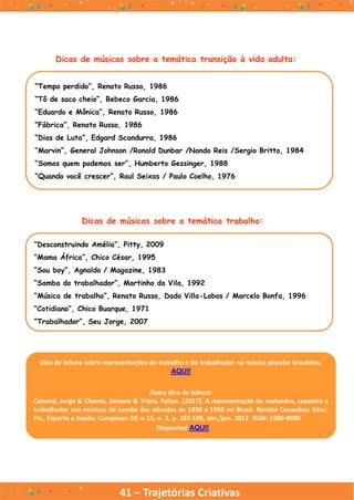 41 – Trajetórias Criativas
Dicas de músicas sobre a temática transição à vida adulta:
“Tempo perdido”, Renato Russo, 1986
“Tô de saco cheio”, Bebeco Garcia, 1986
“Eduardo e Mônica”, Renato Russo, 1986
“Fábrica”, Renato Russo, 1986
“Dias de Luta”, Edgard Scandurra, 1986
“Marvin”, General Johnson /Ronald Dunbar /Nando Reis /Sergio Britto, 1984
“Somos quem podemos ser”, Humberto Gessinger, 1988
“Quando você crescer”, Raul Seixas / Paulo Coelho, 1976
Dicas de músicas sobre a temática trabalho:
“Desconstruindo Amélia”, Pitty, 2009
“Mama África”, Chico César, 1995
“Sou boy”, Agnaldo / Magazine, 1983
“Samba do trabalhador”, Martinho da Vila, 1992
“Música de trabalho”, Renato Russo, Dado Villa-Lobos / Marcelo Bonfa, 1996
“Cotidiano”, Chico Buarque, 1971
“Trabalhador”, Seu Jorge, 2007
Dica de leitura sobre representações do trabalho e do trabalhador na música popular brasileira.
AQUI!
Outra dica de leitura:
Columá, Jorge & Chaves, Simone & Triani, Felipe. (2017). A representação do malandro, capoeira e
trabalhador nas músicas de samba das décadas de 1930 a 1950 no Brasil. Revista Conexões: Educ.
Fís., Esporte e Saúde, Campinas: SP, v. 15, n. 2, p. 187-199, abr./jun. 2017. ISSN: 1980-9030
Disponível AQUI!
 