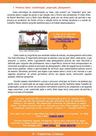 9 – Trajetórias Criativas
1. Primeiras ideias: sensibilização, preparação, planejamento
Como estratégia de sensibilização ao tema, vale investir um “tempinho” para uma
conversa sobre o papel da escola e sua relação com o futuro dos estudantes. O vídeo Alike,
de Daniel Martínez Lara e Rafa Cano Méndez, pode ser um ótimo ponto de partida e nos
provoca ao evidenciar de forma crítica a relação entre as rotinas escolares e o mundo do
trabalho. Desse debate surgirão subsídios para a atividade desencadeadora.
O vídeo (8,01 min) está
disponível no endereço:
https://www.youtube.com/wat
ch?v=PDHIyrfMl_U
Imagem 2 - Captura de tela
Fonte: LARA e MÉNDEZ(2015)
Como todas as trajetórias que envolvem saídas de estudo, um planejamento meticuloso
faz toda diferença. É importante antecipar ao máximo o que se quer olhar, onde parar, o que
procurar, o roteiro, enfim. Logicamente esse planejamento precisa ser bem discutido e
definido pelo conjunto dos professores, mas a experiência torna-se mais enriquecedora se
incluirmos os próprios jovens no processo de planejamento. Além de engajá-los na atividade o
mais breve possível, temos a oportunidade de verificar seus conhecimentos prévios acerca
do assunto. Deixemos, portanto, que digam o que sabem sobre o local a ser visitado e o que
esperam encontrar, se acham pertinente entrar em alguns locais, entrevistar algumas
pessoas, elaborar perguntas.
Convém mapear mentalmente a praça e procurar antecipar os locais e as pessoas que
serão vistas. A construção de um mapa conceitual pode auxiliar bastante nesse trabalho de
preparação e pode se tornar um excelente instrumento avaliativo se comparado a um segundo
mapa conceitual, a ser construído após a visita. Esse mapa teria como ponto de partida a
praça e as suas articulações.
"Um mapa conceitual (MC) é uma representação gráfica de relações entre
conceitos, que têm sido utilizados nas mais diferentes áreas do conhecimento
humano e, em especial, têm despertado o interesse de educadores no mundo
inteiro. Um mapa conceitual pode ser elaborado em meios físicos (papel) ou digitais
(computador conectado ou não à internet)". (Caderno 7 - Inciação Científica)
Para saber mais sobre a importância dos mapas conceituais no programa, ver Galle,
Alano e Moll: CLIQUE AQUI!
Existem disponíveis algumas ferramentas digitais para construção de mapas
conceituais ou mapas mentais que podem ser utilizadas com os estudantes em aula.
Dois exemplos são o CMAP TOOLS e o MIND MEISTER.
 