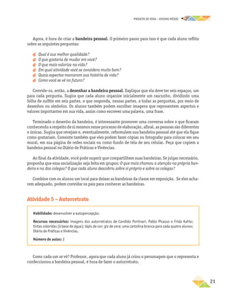 projeto de vida – ensino Médio
	21
Agora, é hora de criar a bandeira pessoal. O primeiro passo para isso é que cada aluno reflita
sobre as seguintes perguntas:
a
a Qual é sua melhor qualidade?
a
a O que gostaria de mudar em você?
a
a O que mais valoriza na vida?
a
a Em qual atividade você se considera muito bom?
a
a Quais aspectos marcaram sua história de vida?
a
a Como você se vê no futuro?
Convide-os, então, a desenhar a bandeira pessoal. Explique que ela deve ter seis espaços, um
para cada pergunta. Sugira que cada aluno organize inicialmente um rascunho, dividindo uma
folha de sulfite em seis partes, e que responda, nessas partes, a todas as perguntas, por meio de
desenhos ou símbolos. Os alunos também podem escolher imagens que representem aspectos e
valores importantes em sua vida, assim como escrever uma palavra, uma frase.
Terminado o desenho da bandeira, é interessante promover uma conversa sobre o que ficaram
conhecendo a respeito de si mesmos nesse processo de elaboração, afinal, as pessoas são diferentes
e únicas. Sugira que revejam e, eventualmente, reformulem sua bandeira pessoal até que ela fique
como gostariam. Comente também que eles podem fazer cópias ou fotografar para colocar em seu
mural, em sua página de redes sociais ou como fundo de tela de seu celular. Peça que copiem a
bandeira pessoal no Diário de Práticas e Vivências.
Ao final da atividade, você pode sugerir que compartilhem suas bandeiras. Se julgar necessário,
proponha que essa socialização seja feita em grupos: O que mais chamou a atenção na própria ban-
deira e na dos colegas? O que cada aluno descobriu sobre si próprio e sobre os colegas?
Combine com os alunos um local para deixar as bandeiras da classe em exposição. Se eles acha-
rem adequado, podem convidar os pais para conhecer as bandeiras.
Atividade 5 – Autorretrato
Habilidade: desenvolver a autopercepção.
Recursos necessários: imagens dos autorretratos de Candido Portinari, Pablo Picasso e Frida Kahlo;
tintas coloridas (à base de água); lápis de cor; giz de cera; uma cartolina branca para cada quatro alunos;
Diário de Práticas e Vivências.
Número de aulas: 2
Como cada um se vê? Professor, agora que cada aluno já criou o personagem que o representa e
confeccionou a bandeira pessoal, é hora de fazer o autorretrato.
 