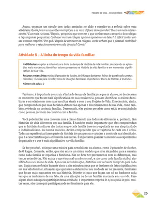 projeto de vida – ensino Médio
	25
Agora, organize um círculo com todos sentados no chão e convide-os a refletir sobre essa
atividade: Quais foram as questões mais fáceis e as mais difíceis de responder? Quais as mais interes-
santes? E as mais curiosas? Depois, proponha que contem o que conheceram a respeito dos colegas
e faça algumas perguntas: Conhecer mais os colegas ajuda a aproximar-se deles? É difícil contar coi-
sas a nosso respeito? Por quê? Depois de conhecer os colegas, vocês acham que é possível contribuir
para melhorar o relacionamento em sala de aula? Como?
Atividade 8 – A linha do tempo da vida familiar
Habilidades: resgatar e sistematizar a linha do tempo da história de vida familiar, destacando os episó-
dios mais marcantes; identificar valores presentes na história de vida familiar e em momentos signifi-
cativos de sua vida.
Recursos necessários: música O pescador de ilusões, de O Rappa; barbante; folhas de papel kraft; canetas
coloridas; revistas para recorte; fotos de situações familiares importantes; Diário de Práticas e Vivências.
Número de aulas: 2
Professor, é importante construir a linha do tempo da família para que os alunos, ao destacarem
os momentos que foram mais significativos em sua convivência, possam identificar os valores fami-
liares e os relacionem com suas escolhas atuais e com o seu Projeto de Vida. É necessário, ainda,
que compreendam que suas decisões afetam não apenas o direcionamento de sua vida, como tam-
bém a vivência no contexto familiar. Desse modo, eles podem perceber como estão se constituindo
como pessoas por meio do convívio com a família.
Você pode iniciar uma conversa com a classe dizendo que todos são diferentes e, portanto, têm
histórias de vida diferentes em sua família. É também muito importante que eles compreendam
que as histórias familiares são únicas e que cada família deve ser respeitada em sua singularidade
e individualidade. Da mesma maneira, devem compreender que a trajetória de cada um é única.
Todas as experiências fazem parte da história de uma pessoa e ajudam a construir sua identidade,
que é a característica que a diferencia das outras. É importante guardar na memória as experiências
do passado e o que é mais significativo na vida familiar.
Se for possível, coloque uma música para sensibilizar os alunos, como O pescador de ilusões,
de O Rappa. Comente, então, que não existe um único modelo que sirva de padrão para a maneira
como cada família se organiza e funciona. Não se deve ter preconceitos com as diferenças, mas
tentar entendê-las. Não existe o que é normal ou não normal, e sim como cada família atribui sig-
nificados a seu modo de vida. Após essa sensibilização, distribua um barbante comprido para cada
um. Sugira uma reflexão durante cinco a dez minutos: peça que se lembrem de fatos significativos
em sua vida familiar, situações que ajudaram a determinar seu modo de ser no presente, familiares
que foram mais marcantes em sua história. Oriente-os para que façam um nó no barbante cada
vez que se lembrarem de um fato, de uma situação ou de um familiar marcante em sua vida. Caso
algum aluno não queira participar dessa atividade, é importante respeitá-lo e/ou ajudá-lo pois, mui-
tas vezes, não conseguir participar pode ser frustrante para ele.
 